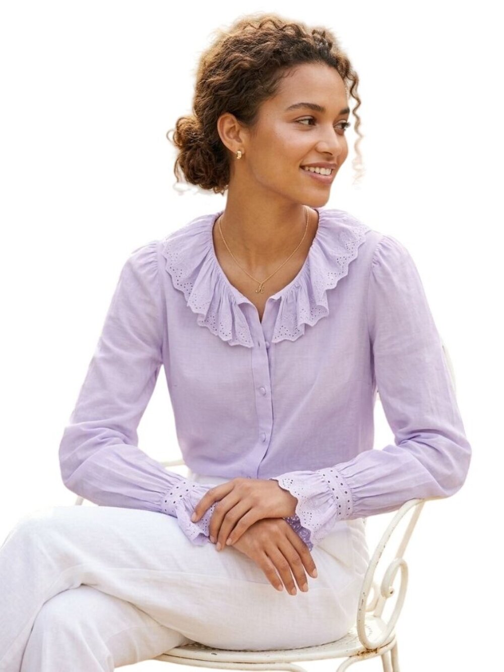 J.Crew Embroidered Ruffled Collar Bell Sleeve Button Down Lavender Shirt Size 10